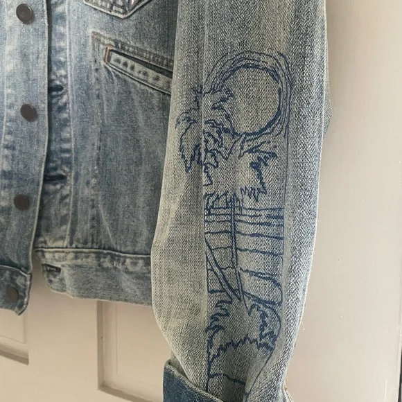 Hollister Light Medium Blue Denim Jacket Relaxed Fit Embroidered Customized Cute - Picture 8 of 10